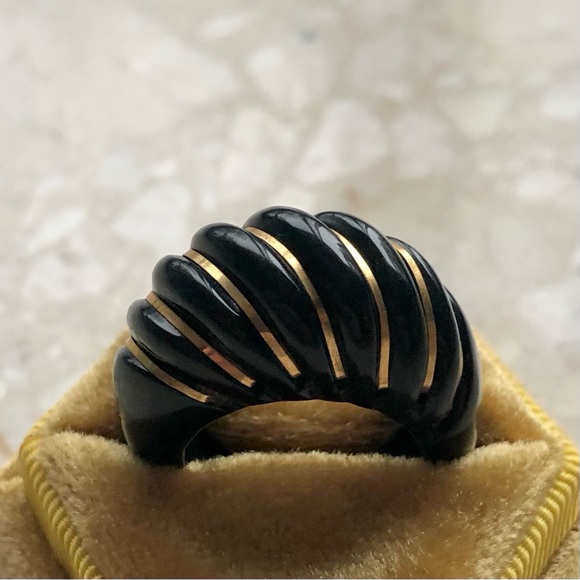 Onyx Yellow Gold Statement Vintage Bubble Dome Enamel Ring - Picture 11 of 15